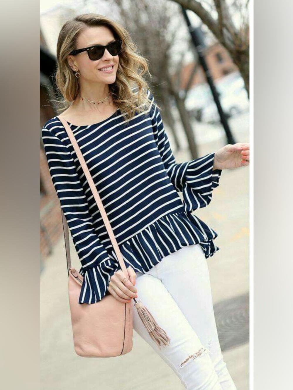 a.n.a Navy and White Striped Ruffle Hem Top